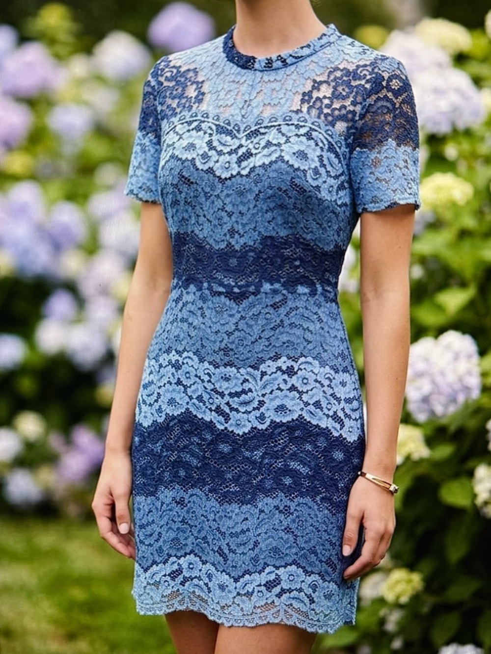 Sandro Paris Blue 3-Tone Lace Mini Dress Short Sleeve Size 1 Small